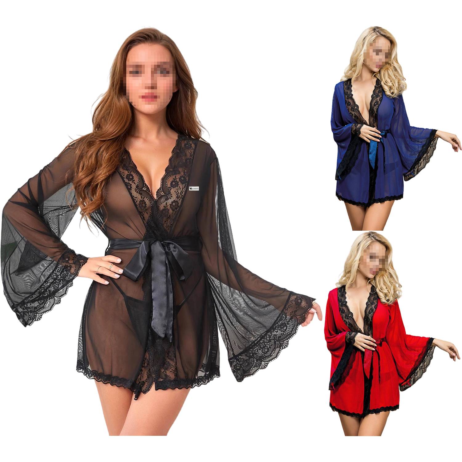 Women Long Sleeve Sheer Lace Nightgown Sleepwear 2