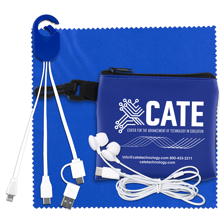 "TechMesh Hang Pro" Mobile Tech Charging Cable Kit in Mesh Zipper Pouch Components inserted into Zip 8
