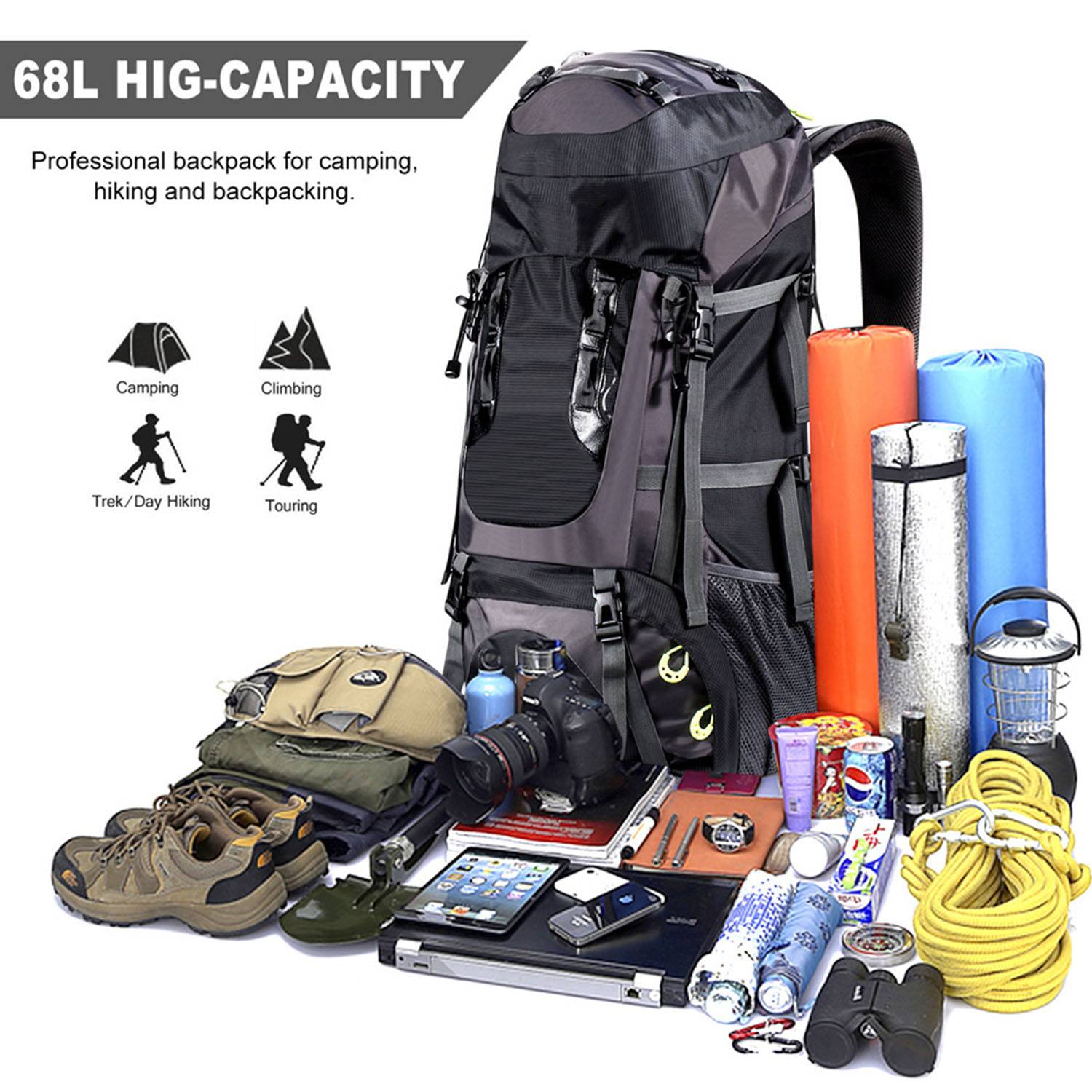 68L Outdoor Hiking Backpack with Solar Charger Panel 20w/6v 4