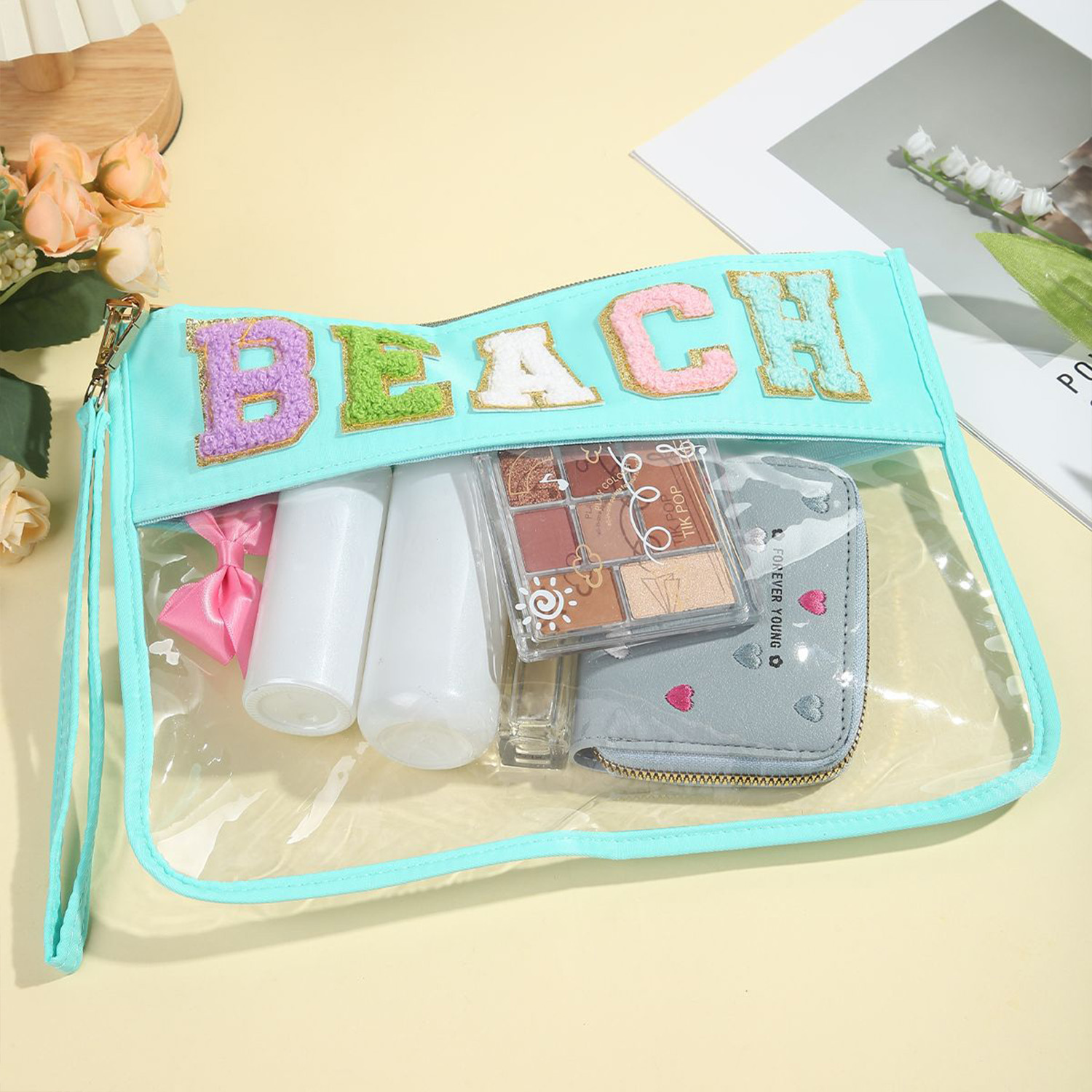 Waterproof Chenille Letter Clear PVC Cosmetic Bag 4