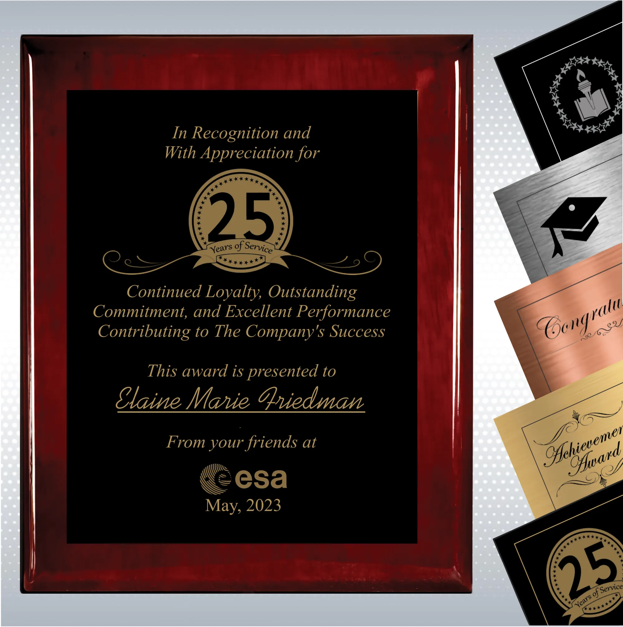 Rosewood Piano Finish Wood Plaque  Years of Service Award 16
