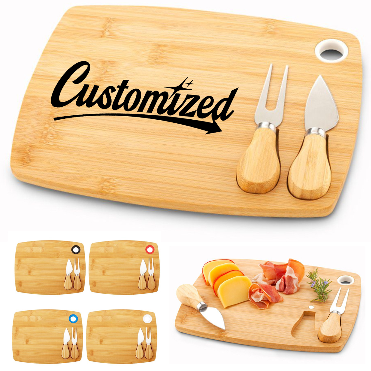 Bamboo Cheese Board Set W/ Knives and Custom Logo Engraving 2