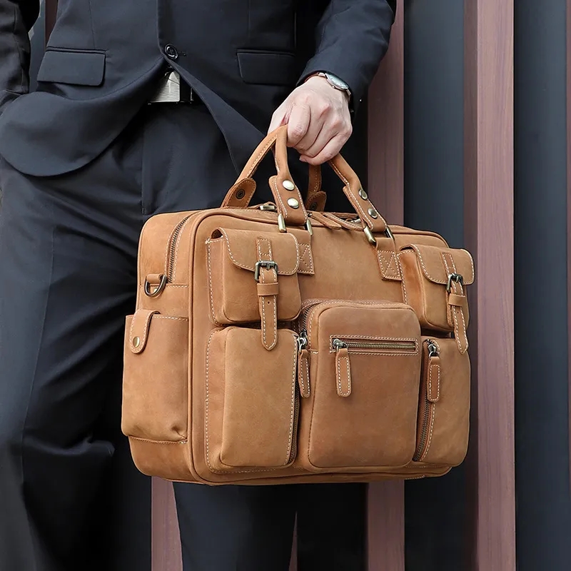 Custom Vintage Genuine Cowhide Briefcase Messenger Bag 3