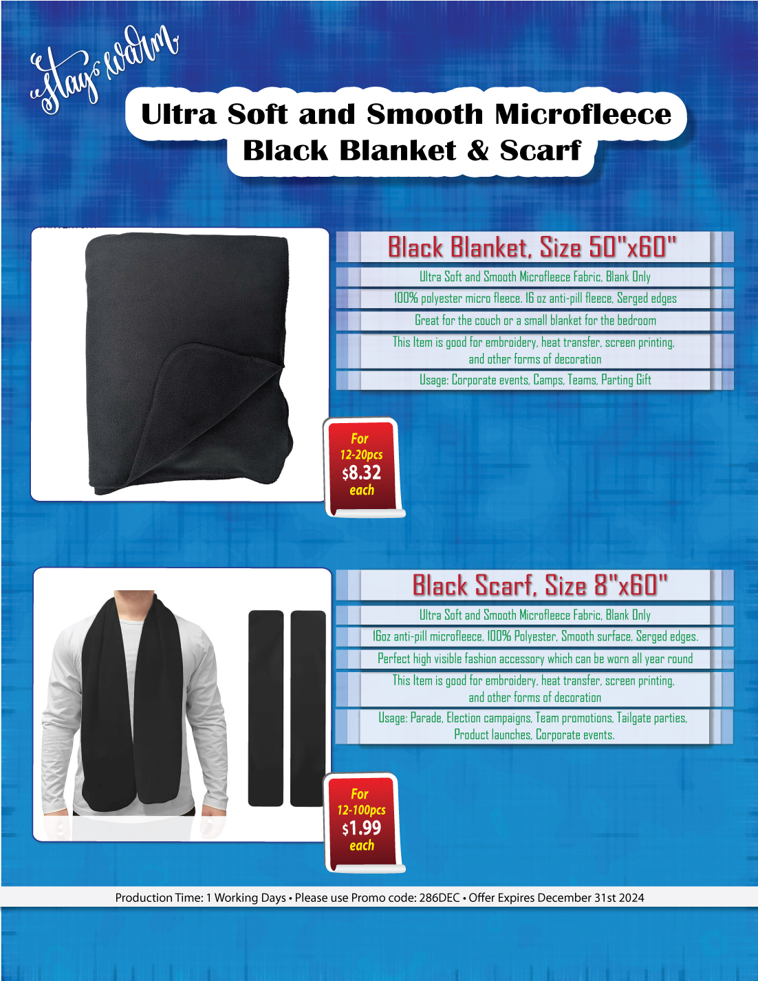 Black Blanket, Size 50"x60", Ultra Soft and Smooth Microfleece Fabric, Blank Only 2
