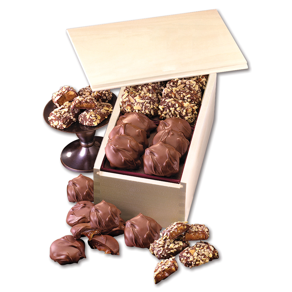 English Butter Toffee & Caramel Pecan Clusters in Wooden Collector's Box 2