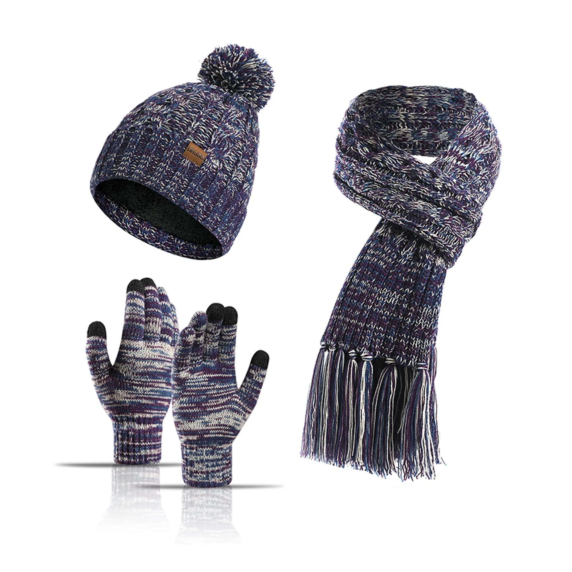 3 Piece Cable Knitted Hat Gloves & Scarf Winter Set 3