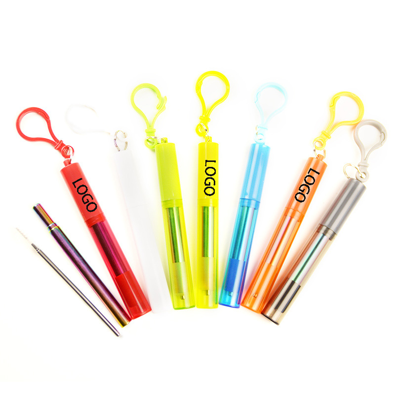 Reusable Collapsible Stainless Steel Straw w/ Plastic Case and Long Cleaning Brush 2