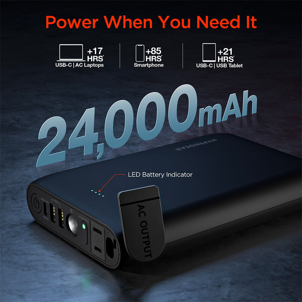 24 000mAh | Power Brick Laptop Power Bank with 65W USB-C PD and AC Outlet