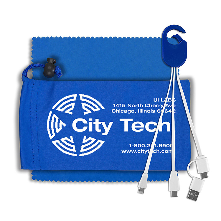 "RECHARGE PACK" Mobile Tech Charging Cable Kit in Microfiber Cinch Pack Components 1