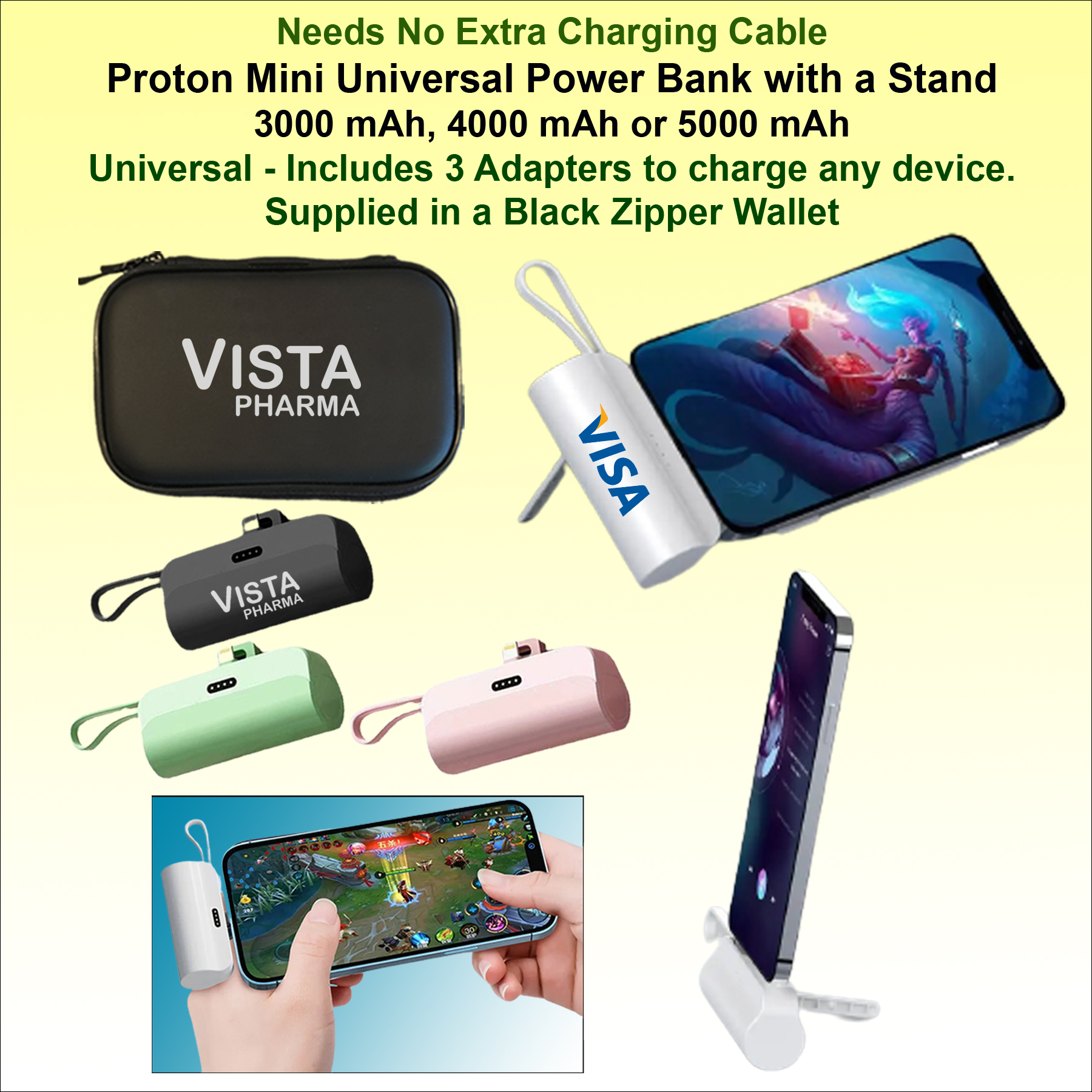 Proton Mini Universal Power Bank with integrated stand, Black Zipper Wallet 4000 mAh