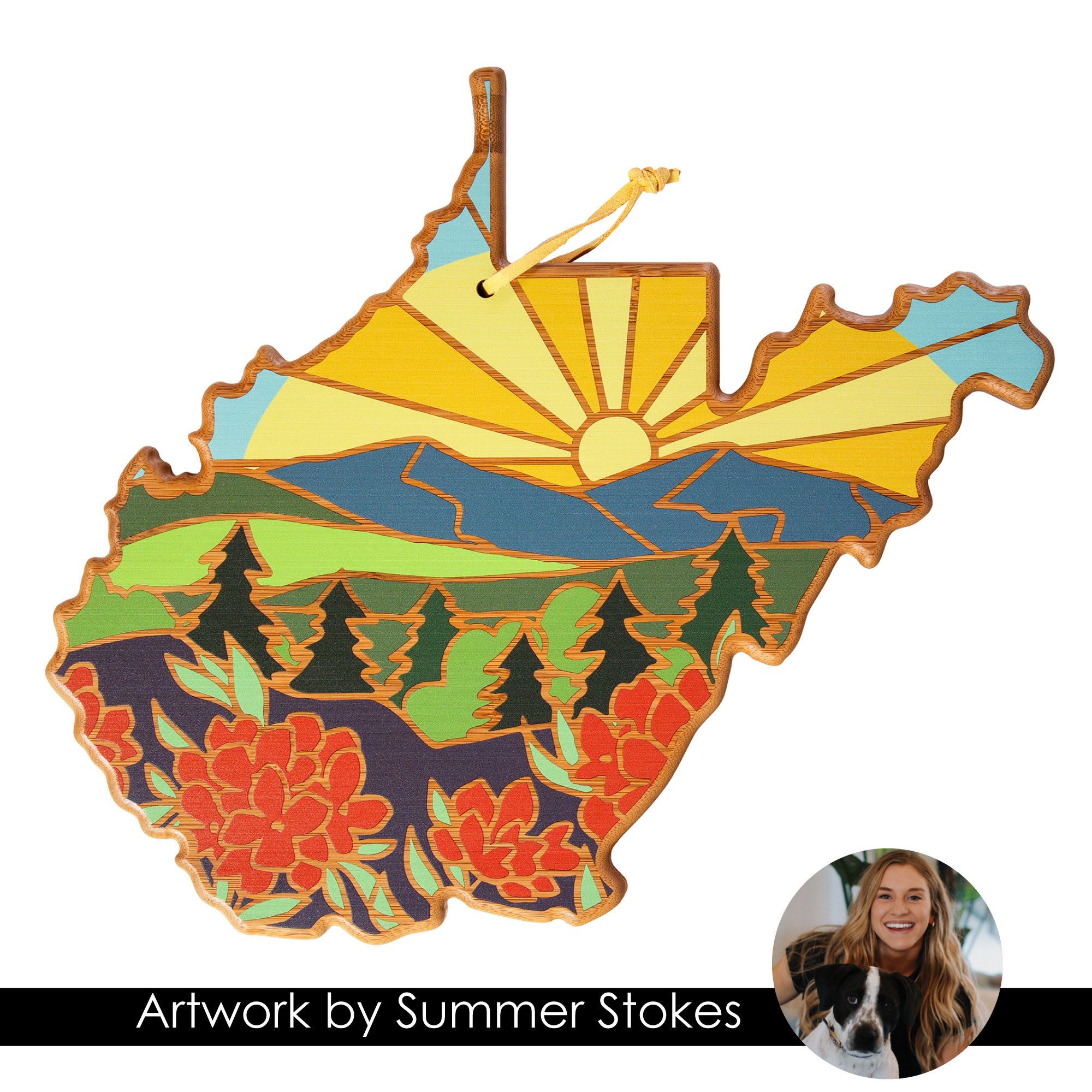 West Virginia State Shaped Serving and Cutting Board with Artwork by Summer Stokes 2