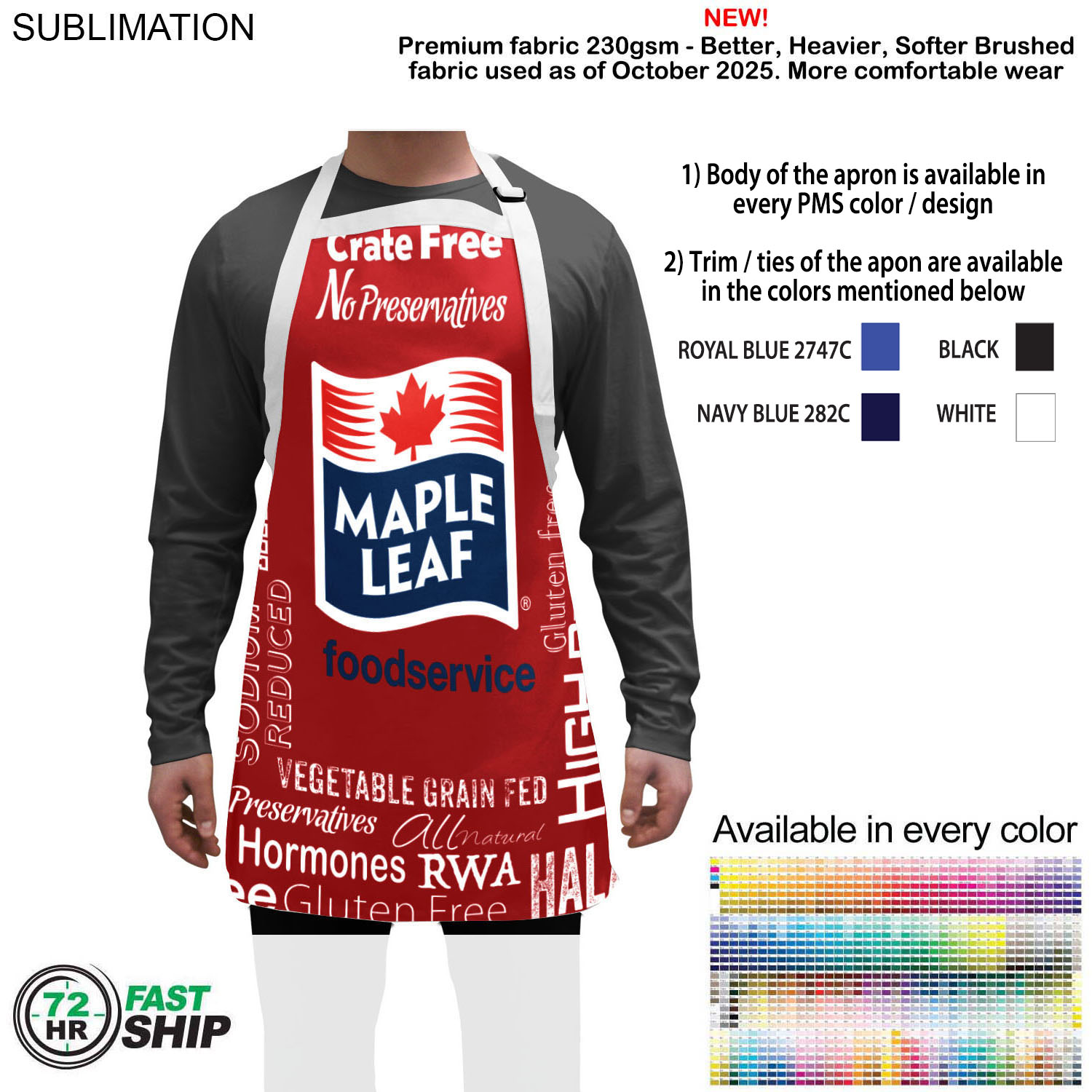 72 Hr Fast Ship - Domestic made Bib Apron, 25x28, No pockets, Adjustable Neck, Sublimated 5