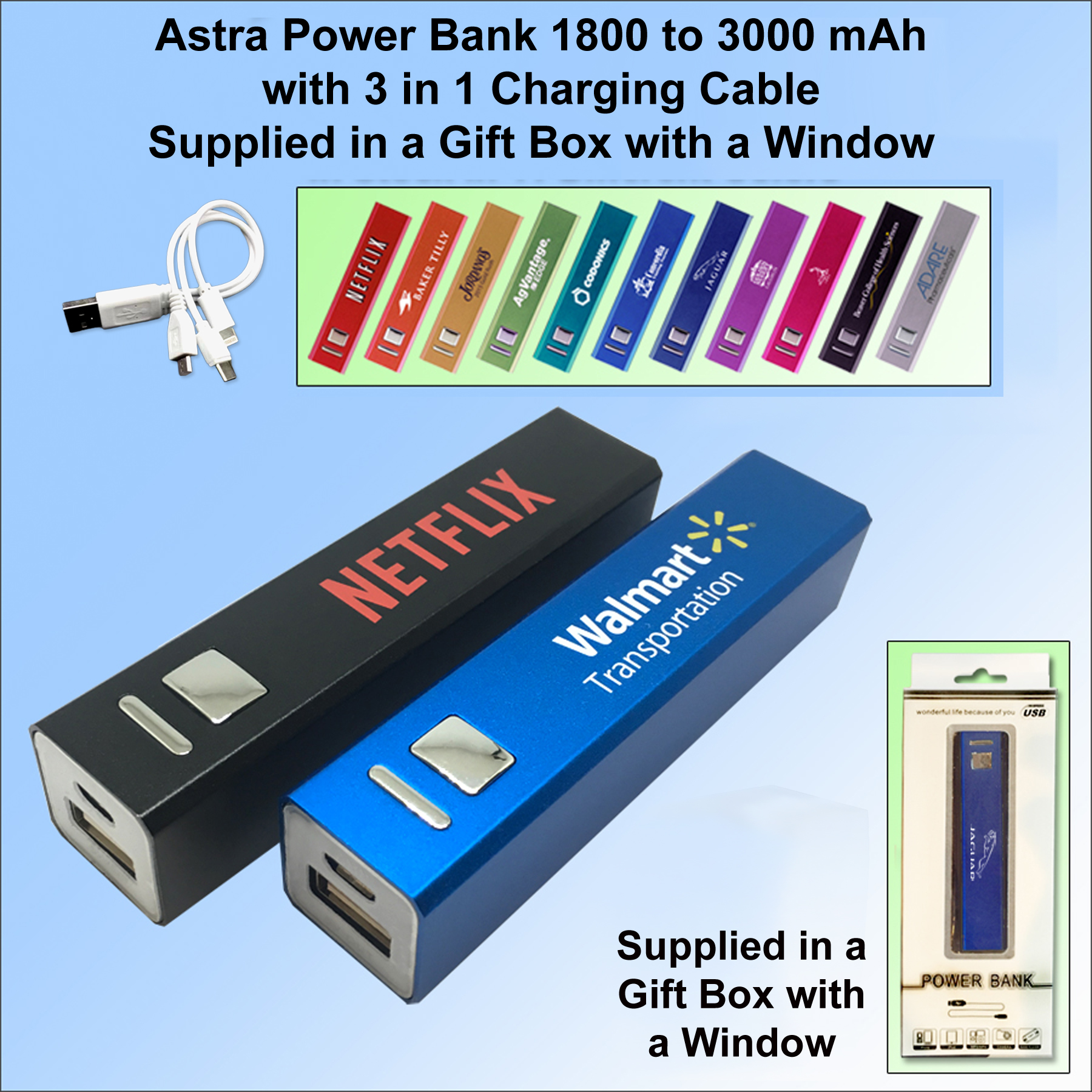 Astra Power Bank with 3 in 1 Charging Cable. Supllied in a Gift Box 2200 mAh