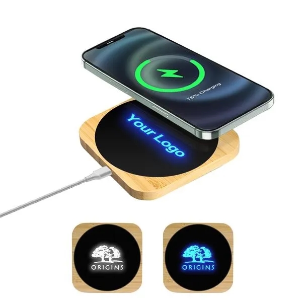 15W Light Up Logo Bamboo Wireless Charger -Square 4
