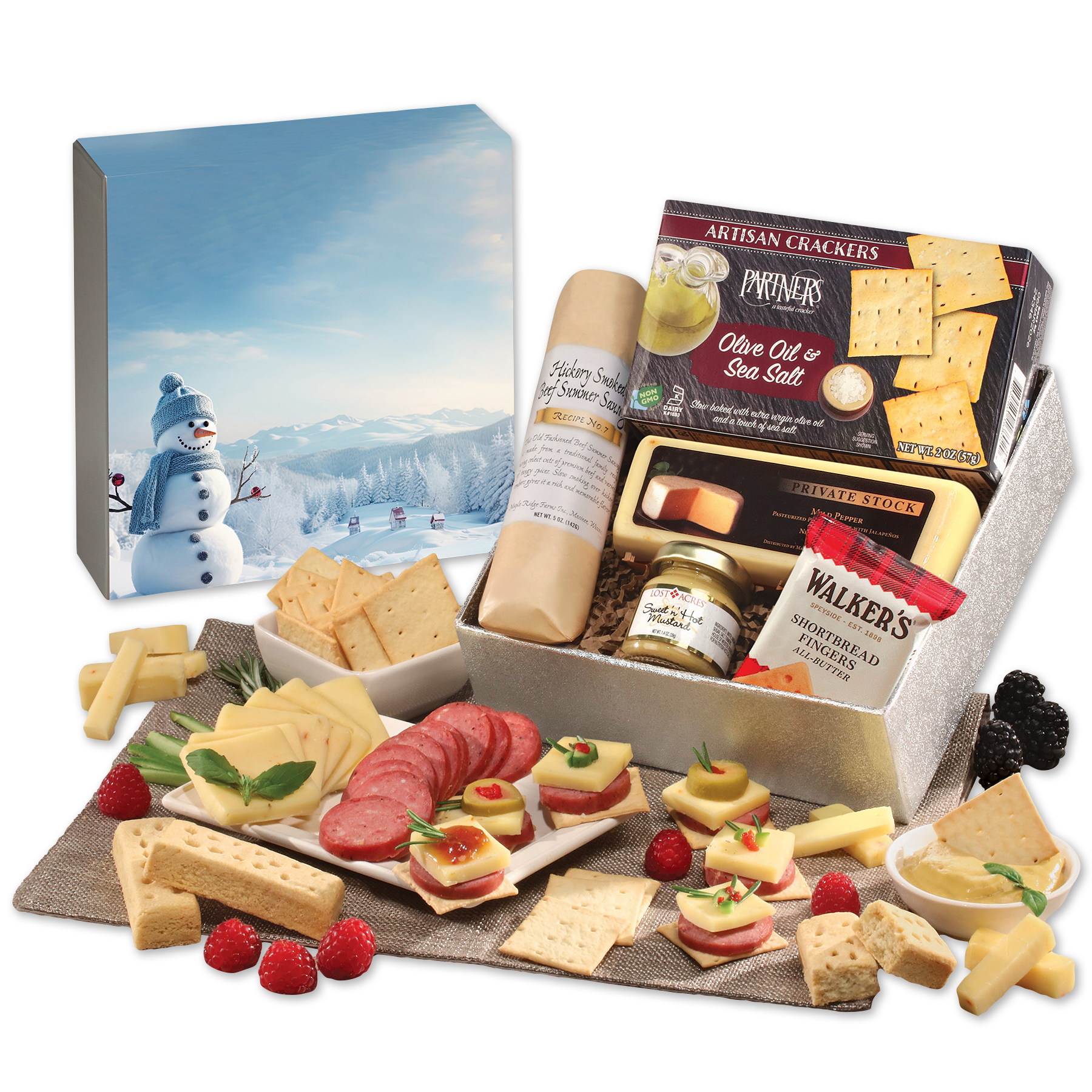 Shelf Stable Snack Lover's Gift Box with Blue Snowman Sleeve 2