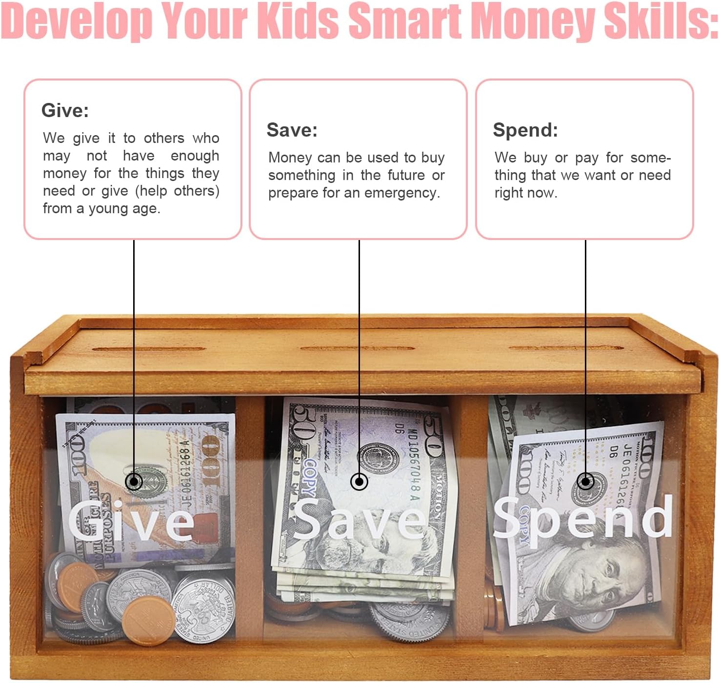 Spend Save Give Piggy Bank for Kids 4