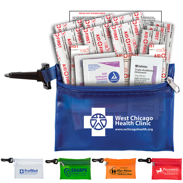 "TROUTDALE PLUS" 14 Piece First Aid Kit in Translucent Zipper Kit with Plastic Carabiner Attachment 1