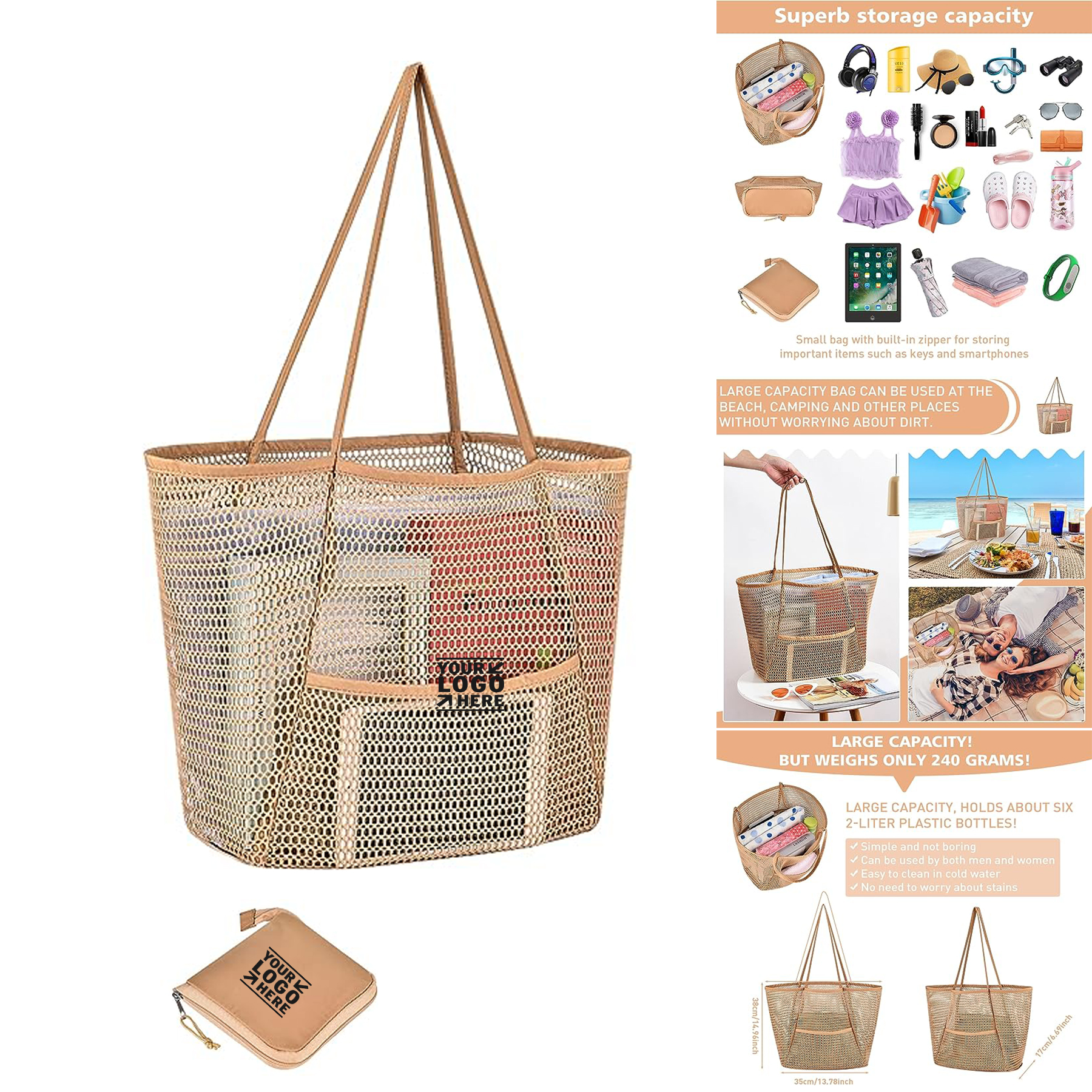 Women Multiple Pockets Mesh Beach Tote Bag
