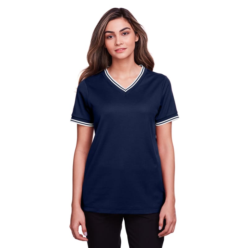 Devon & Jones Ladies' CrownLux Performance™ Plaited Tipped V-Neck Polo 15