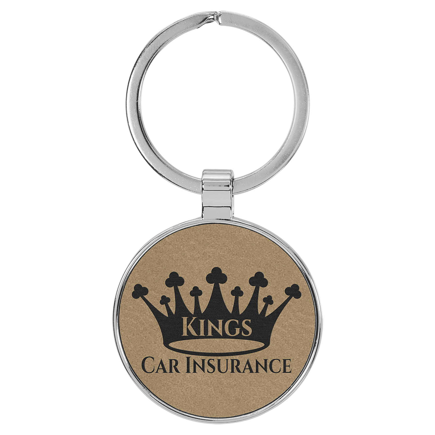 Light Brown Leatherette/Metal Round Keychain