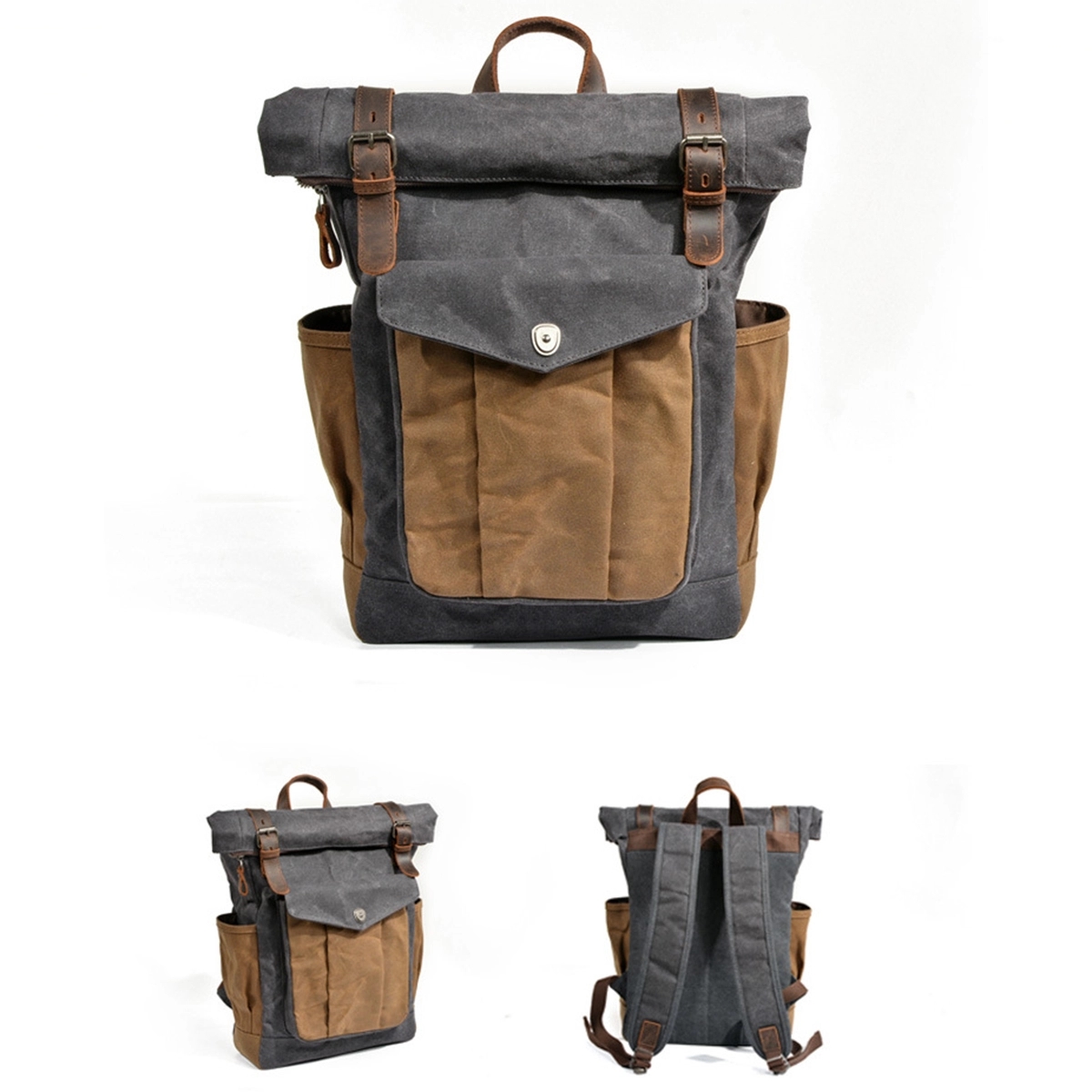 Vintage Waxed Canvas Cowhide Backpack 3