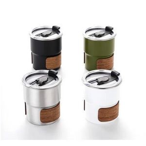 10oz Stainless Steel Camping Coffee Mug w/Wood Sleeve & Lid 3