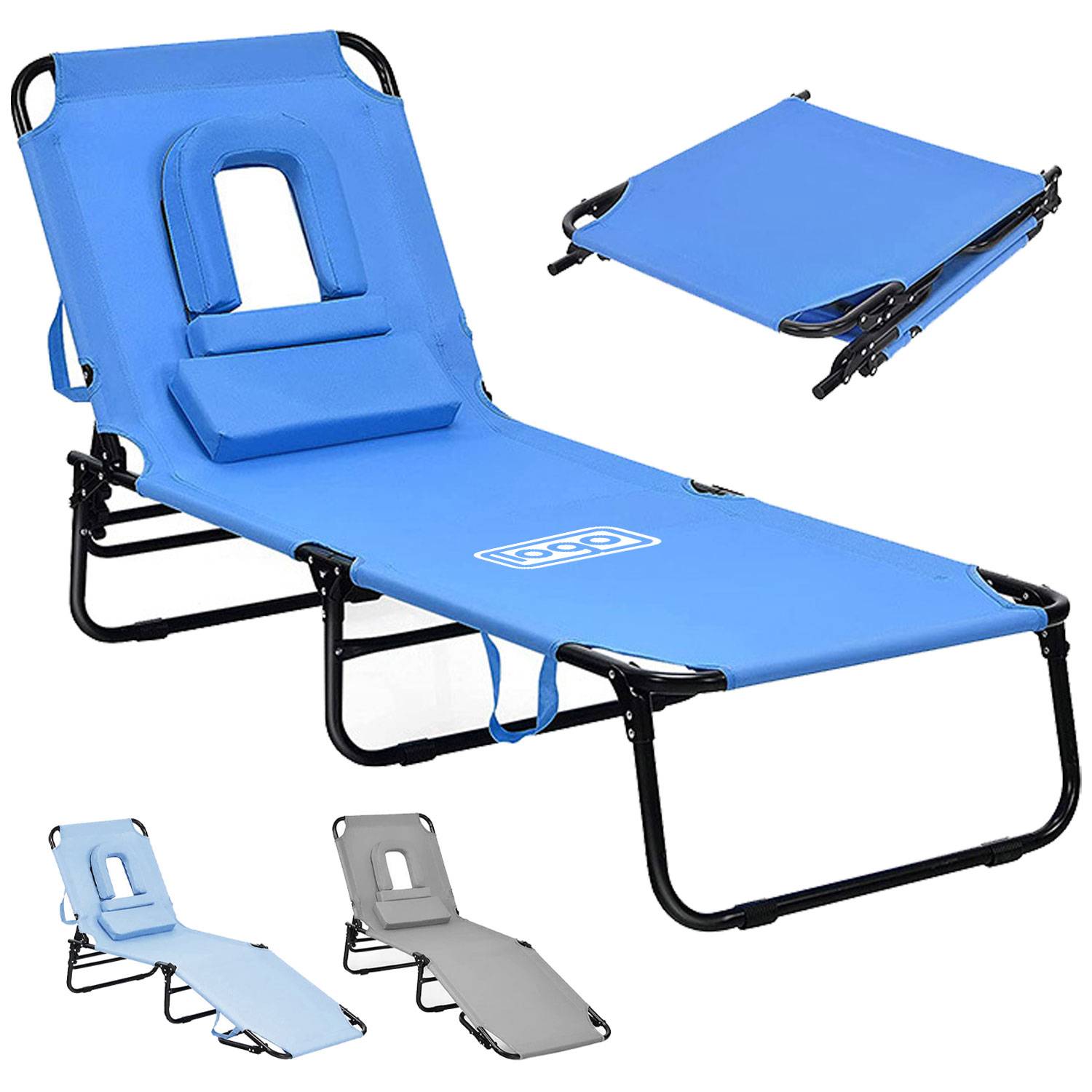 Adjustable Foldable Oxford Beach Lounge Chair w/ Face Hole 3