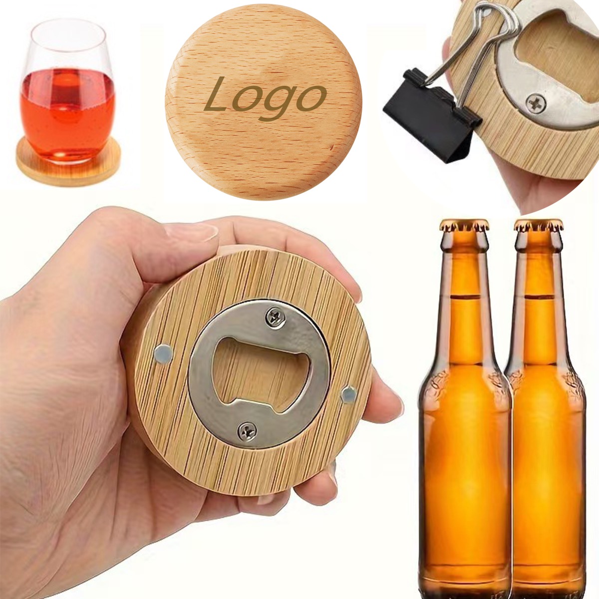 Round Magnetic Bamboo Bottle Opener Wooden Coaster 4