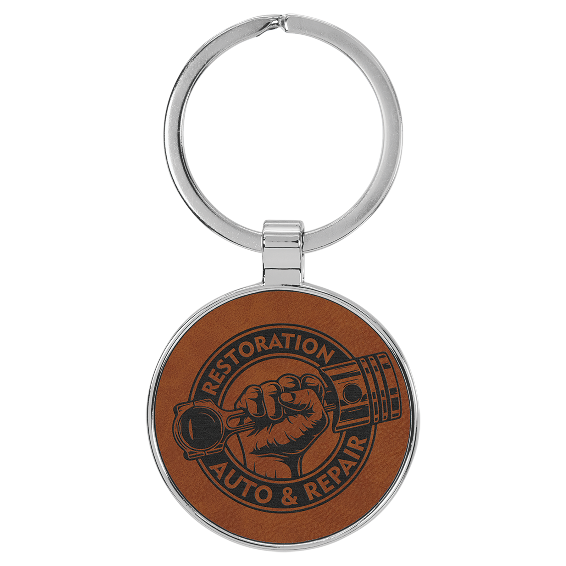 1 1/2" Leatherette/Metal Rawhide Round Keychain 1