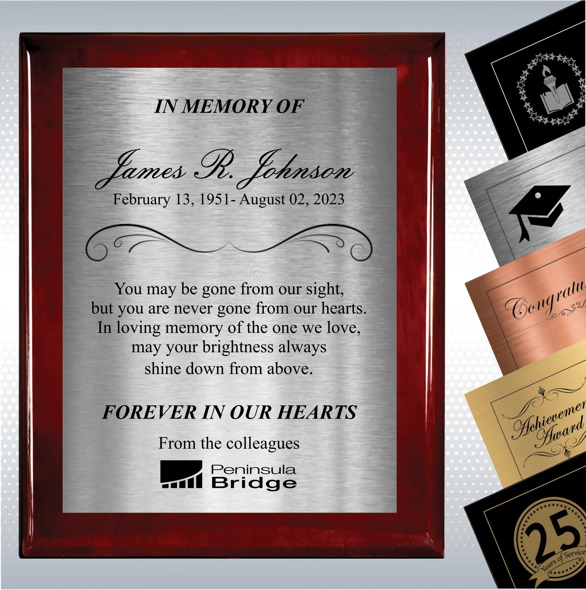 Rosewood Piano Finish Wood Personalized Memorial Plaque Gift 17