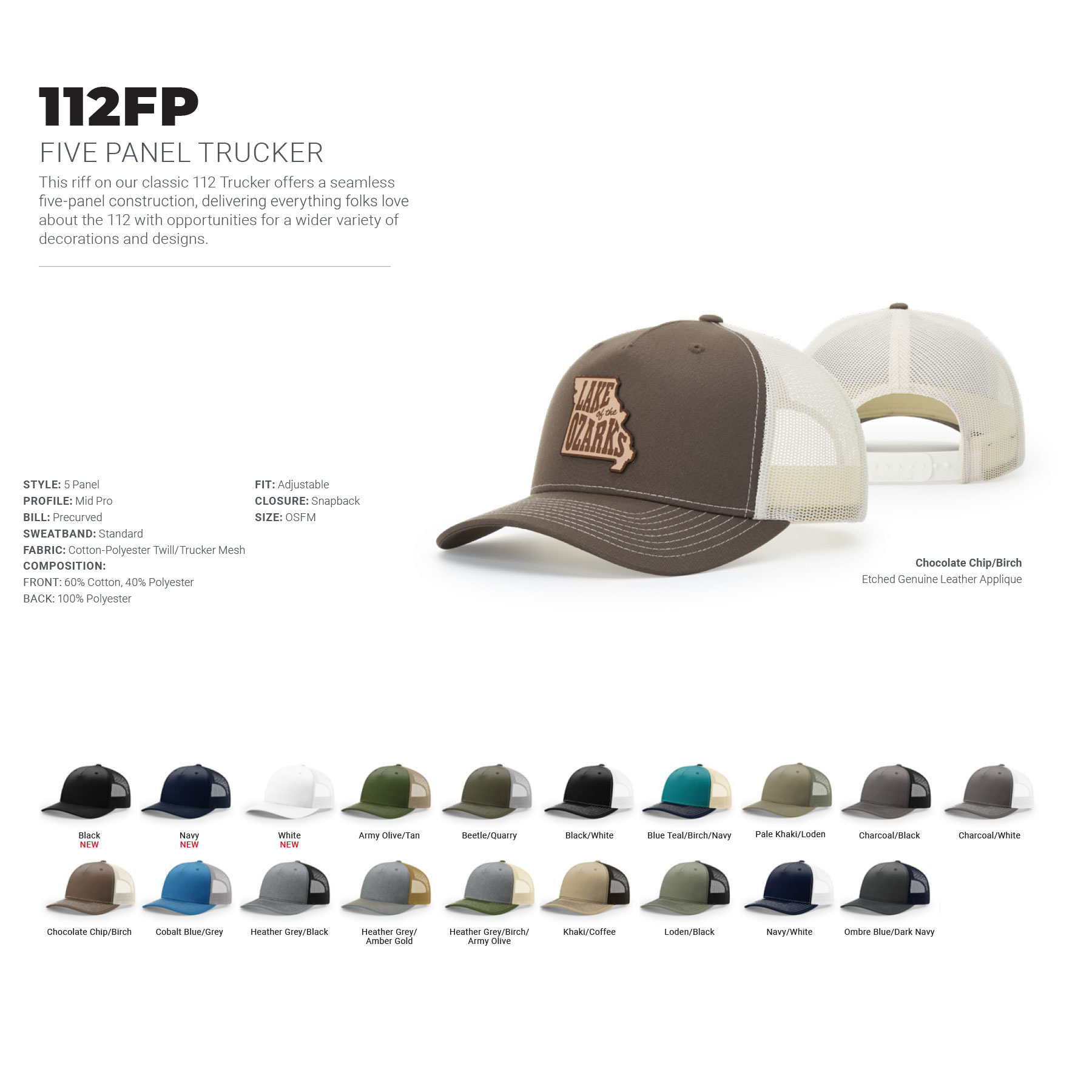 Richardson 112FP 5-Panel Snapback Trucker Hat w/Leatherette Adhesive Patches or Embroidery 35