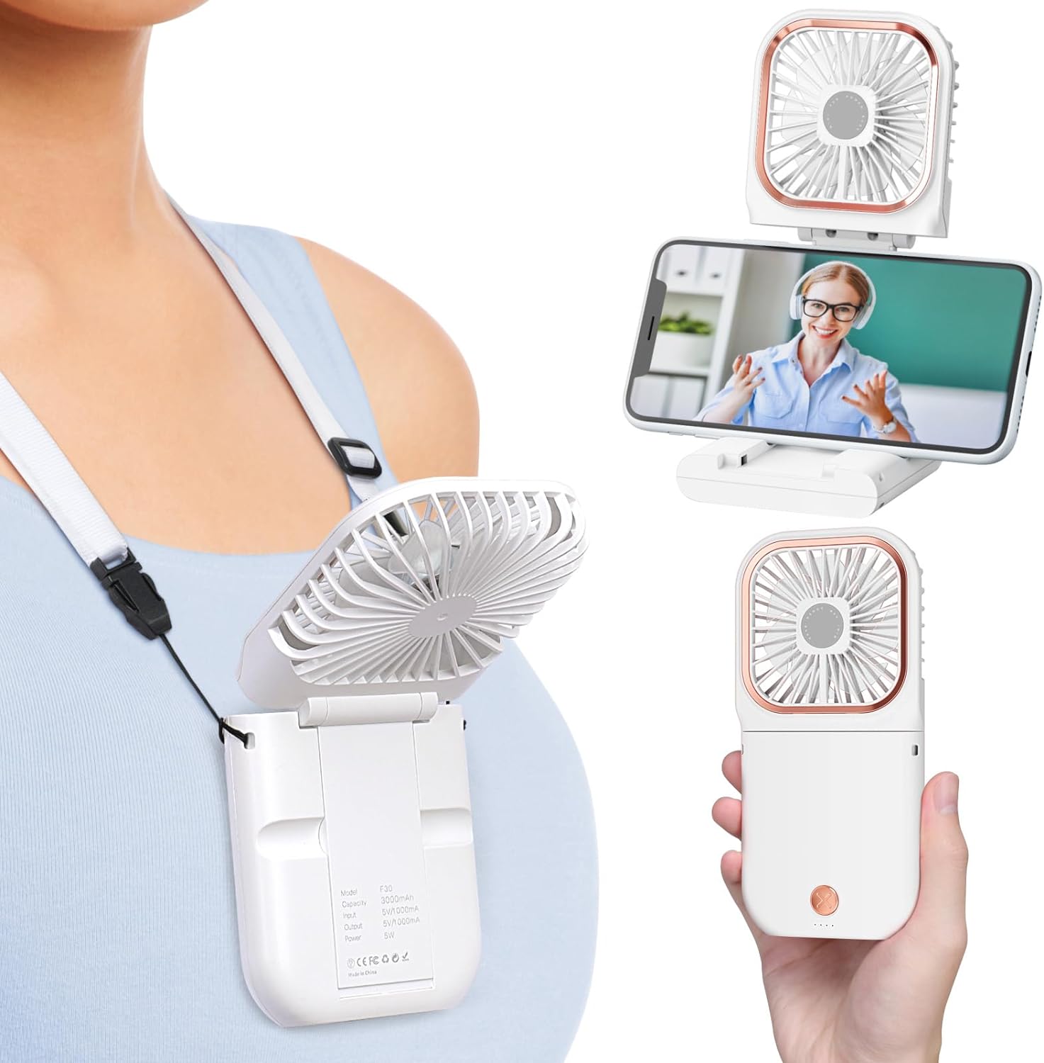 3 Levels Speed Folding Handheld Fan Rechargeable Mini Fan Phone Holder With Lanyard 2