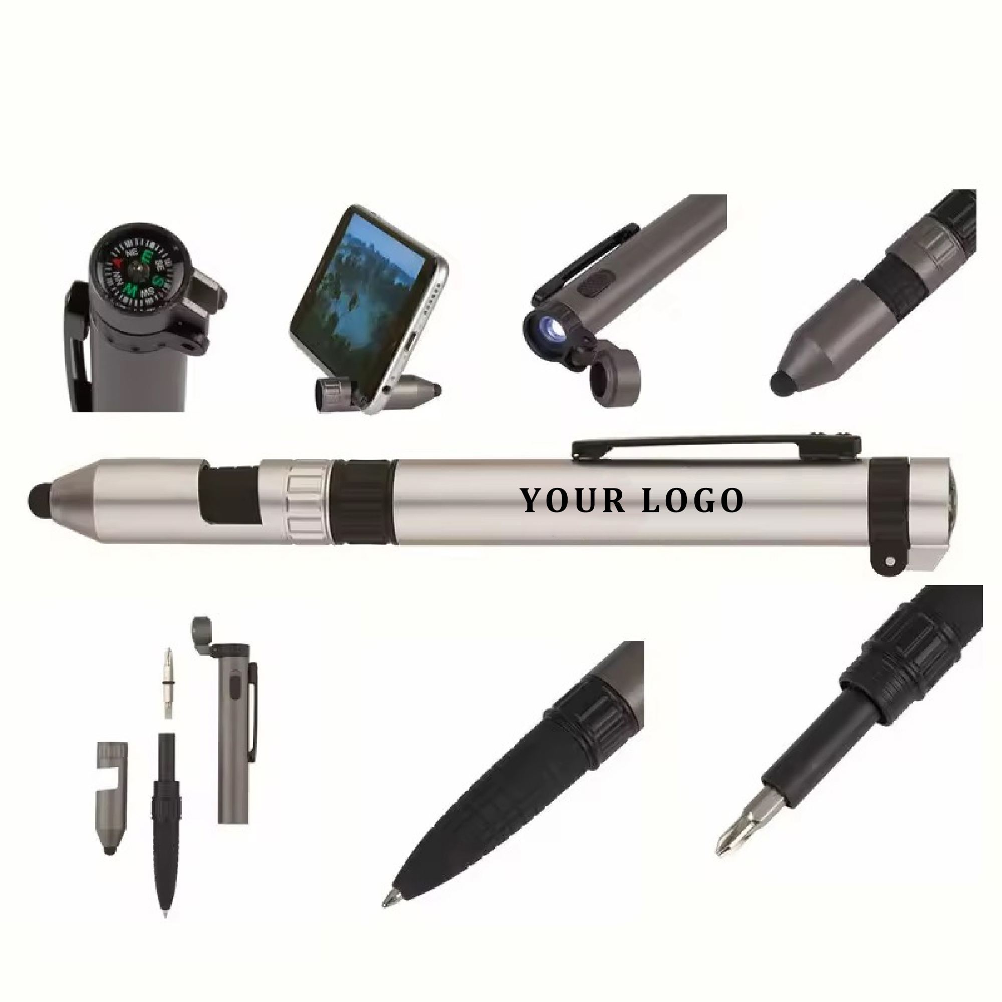 6 in 1 Multifunction Tool Ballpoint Pen with Outdoor Compass Screwdriver Torch Stylus Mobile Phone 9