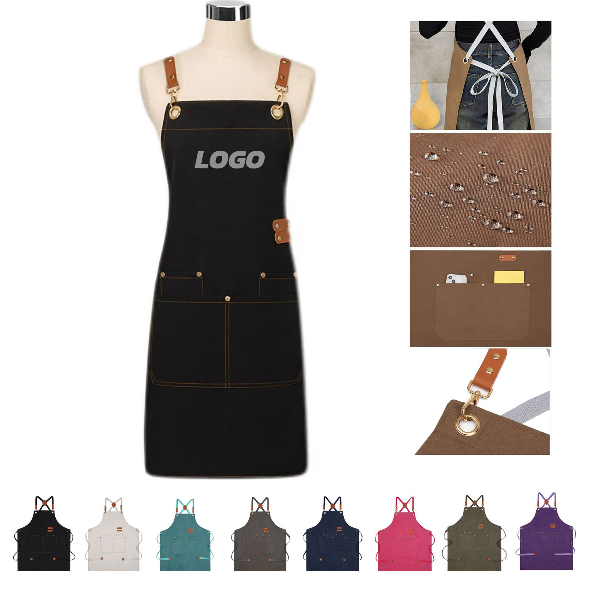 MOQ10 Canvas Waterproof Oilproof Pockets Apron Kitchen 2