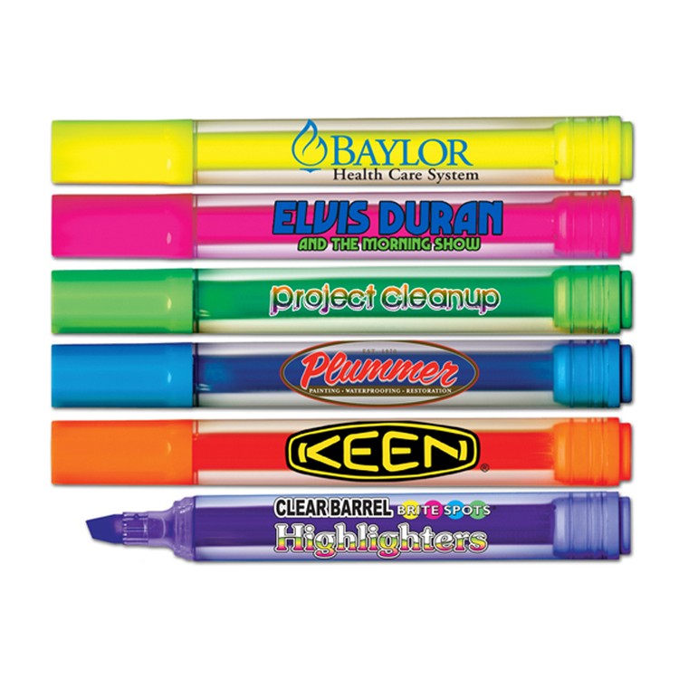 Brite-Spots Fluorescent Highlighters - Clear Barrel - Full Color Decal - USA Union Made
