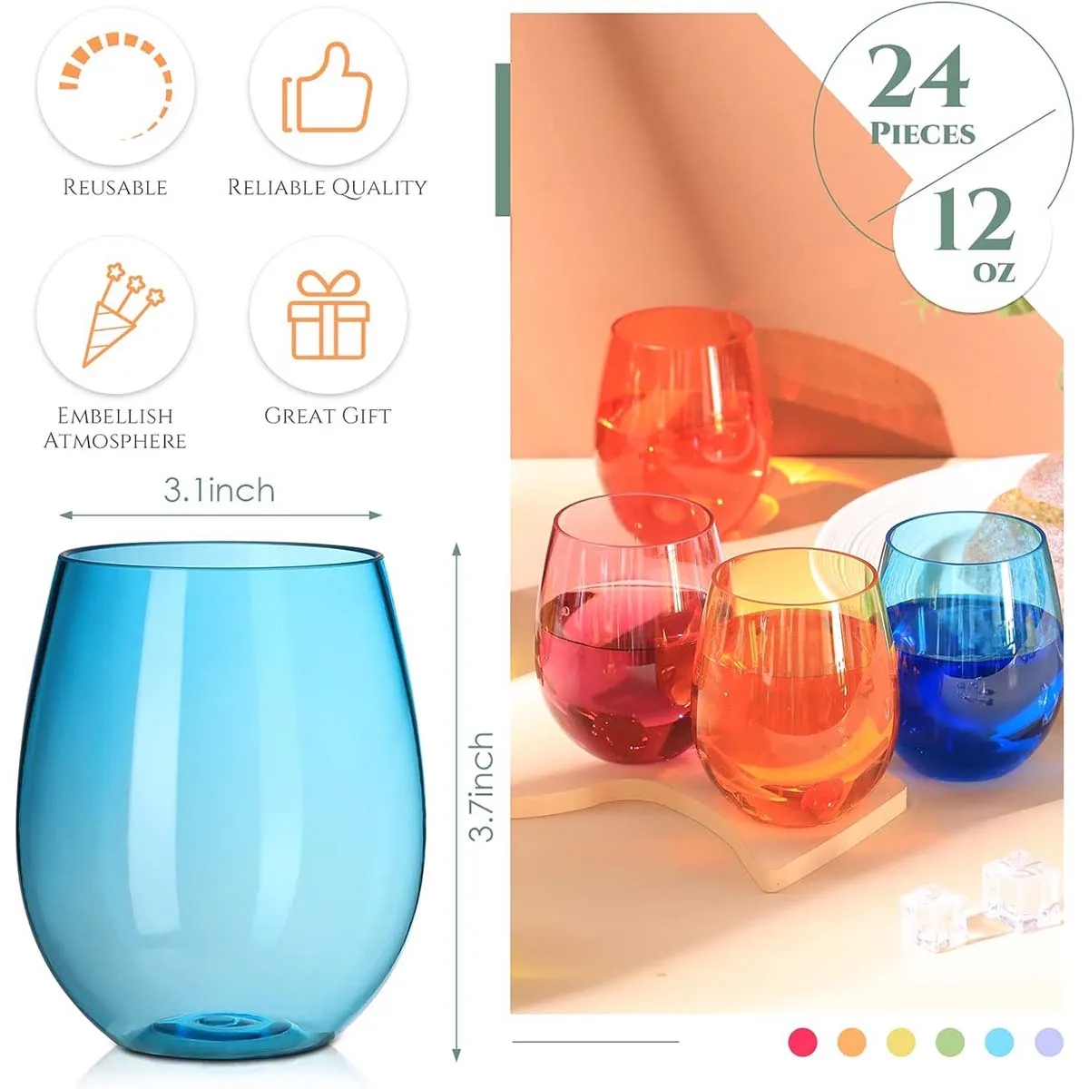 16 oz Multicolor Reusable Plastic Stemless Wine Tumbler 7