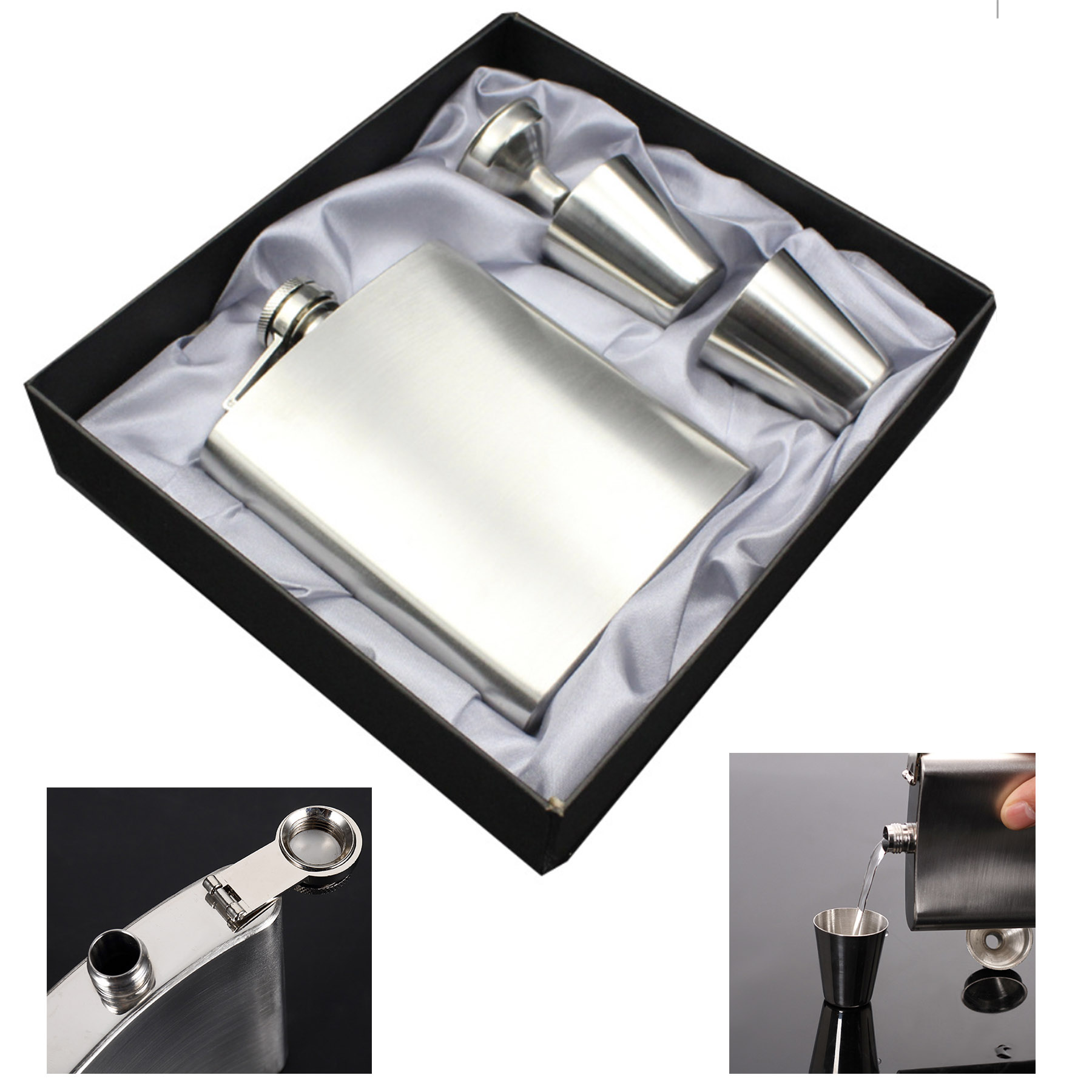 Hip Flask Set Silver 7 Oz Gift 100% Stainless Steel 2