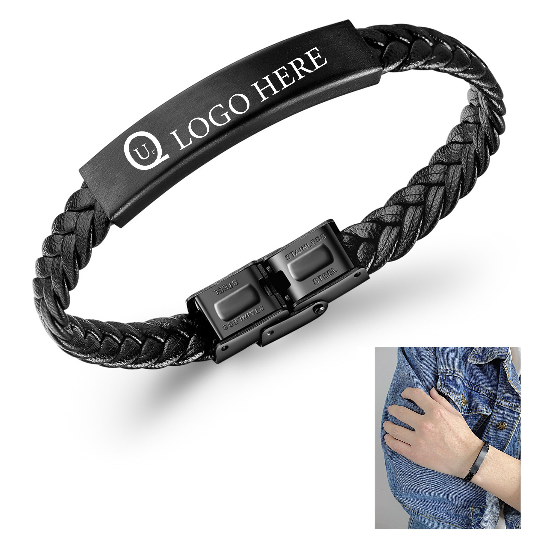 Leather Stainless Steel Bangle Bracelet
