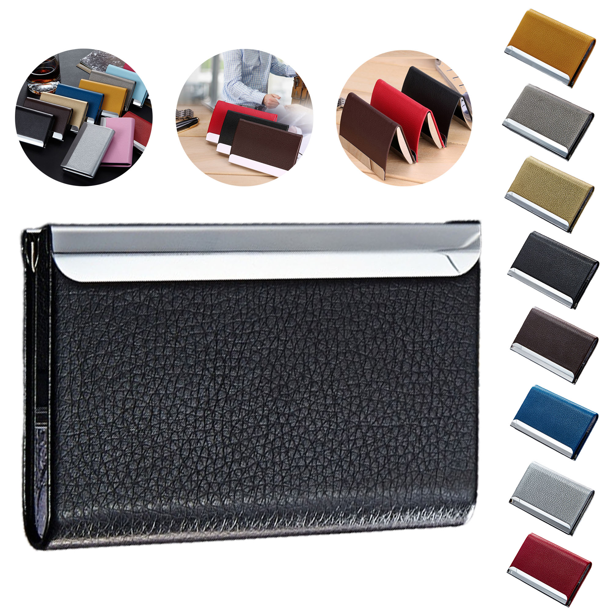 PU Leather Metal Insert Thick Large Capacity Business Card Holder 2