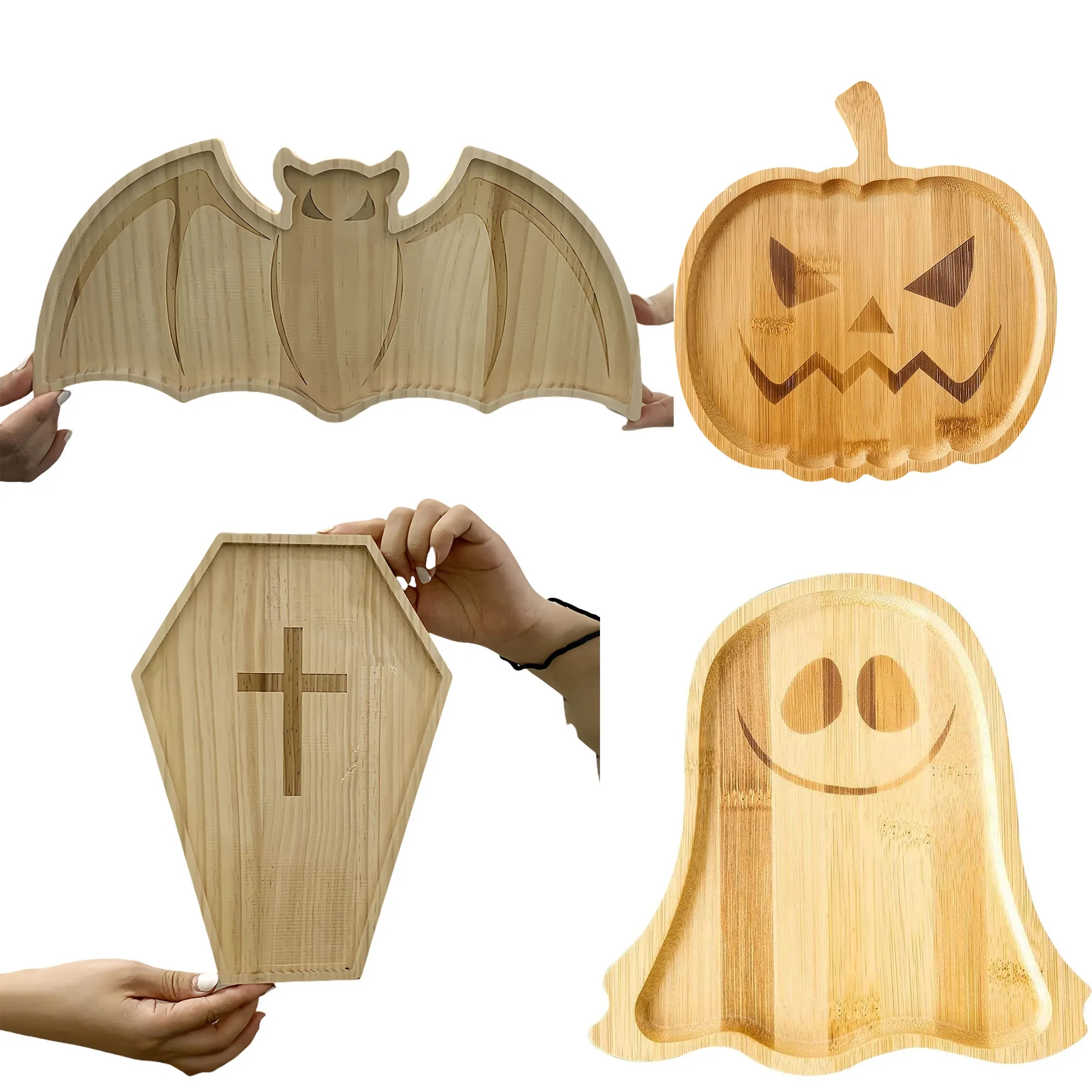 Halloween Wooden Tray Set With Pumpkin And Ghost Plates 5