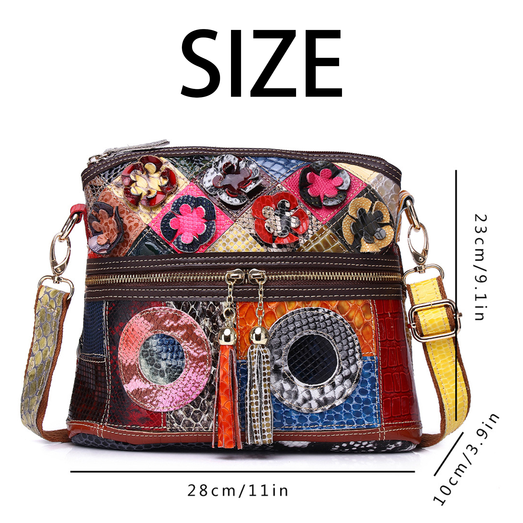 Genuine Leather Contrasting hand-fringed floral paneling bag 7