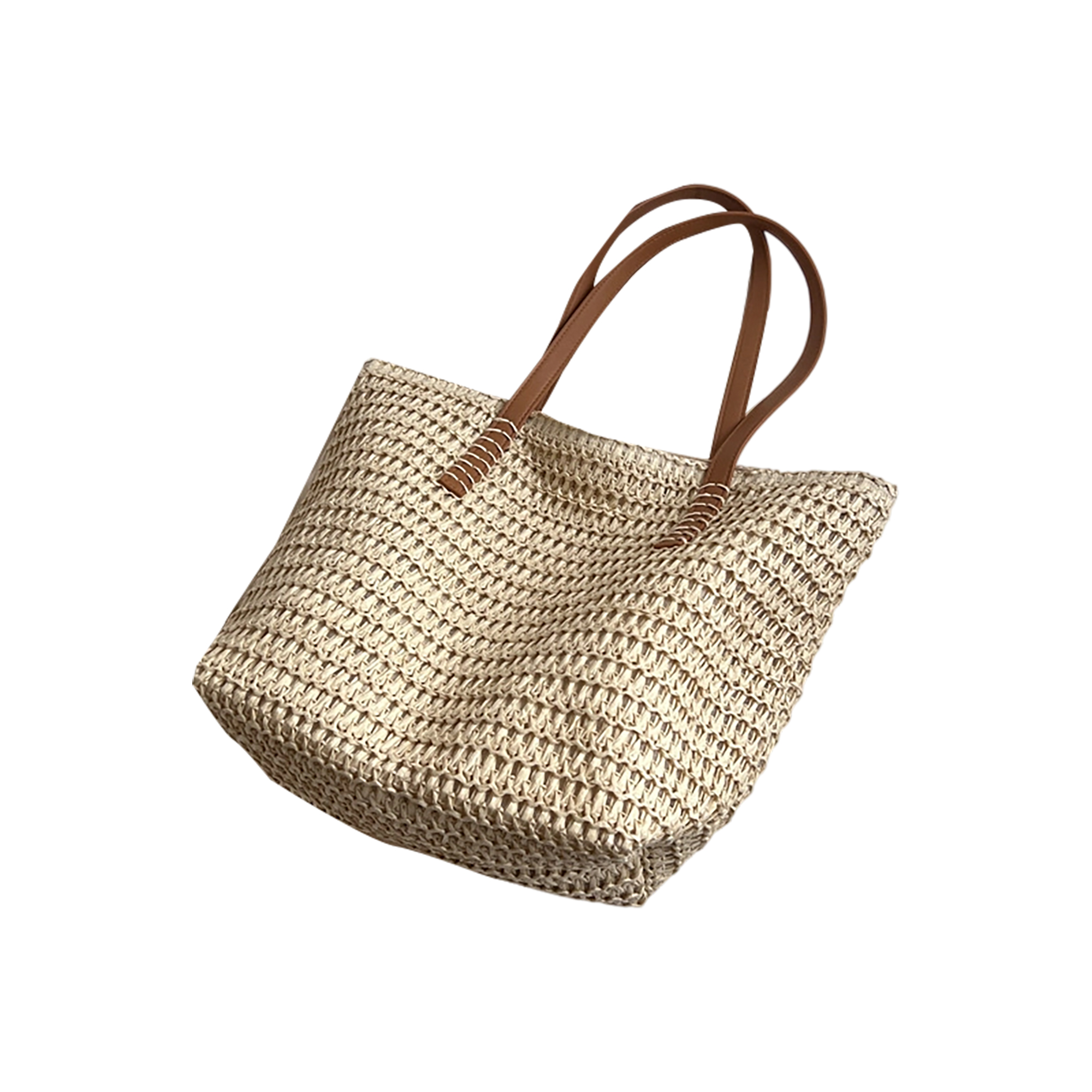 Straw Woven Tote Shoulder Bag With PU Leather Handle 3