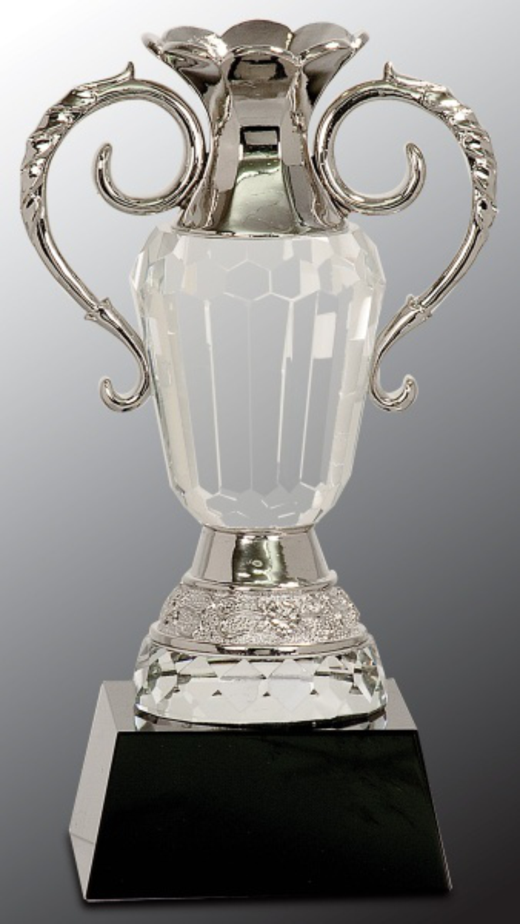 8" Crystal Cup Award with Silver Metal Handles on Black Pedestal Base 3
