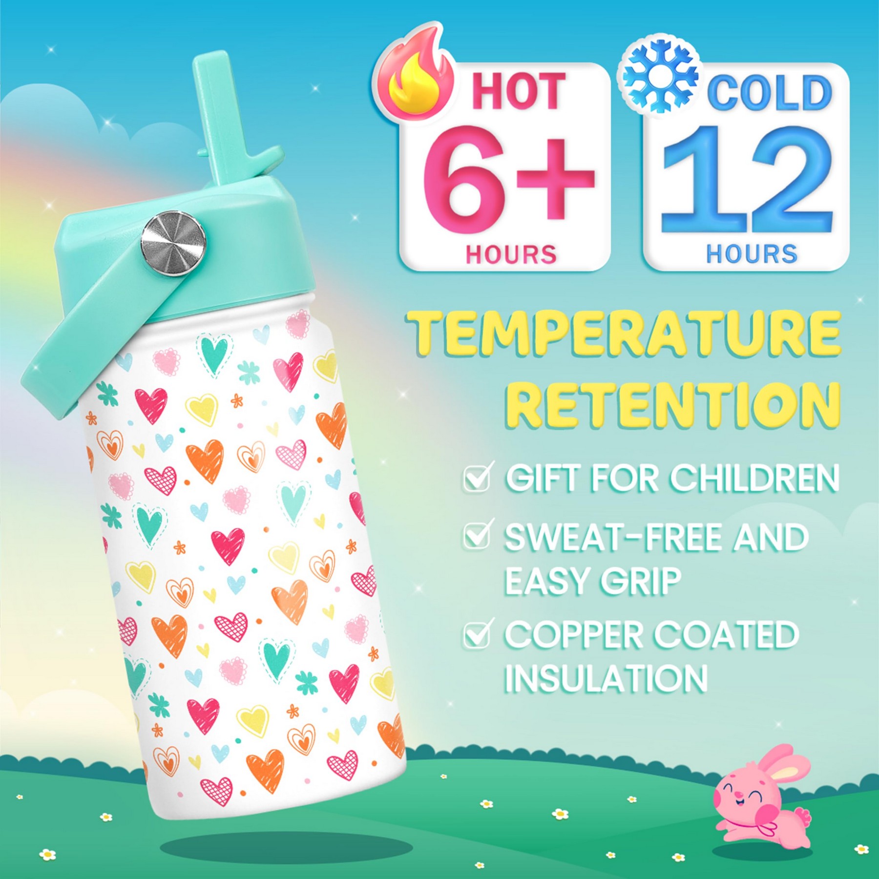 Kids Water Bottle with Straw Lid - 12 Oz Insulated Stainless Steel Heart Water Bottles for Toddlers 3