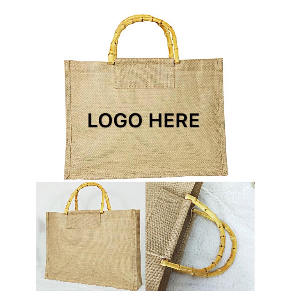 Eco-Friendly Jute Bag With Bamboo Handle, custom tote bag with logo imprint 3