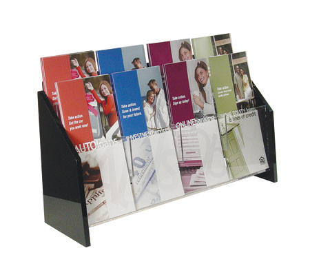 Wall Mount Brochure Holder Clear w/Black Ends 2-tier 8 pockets