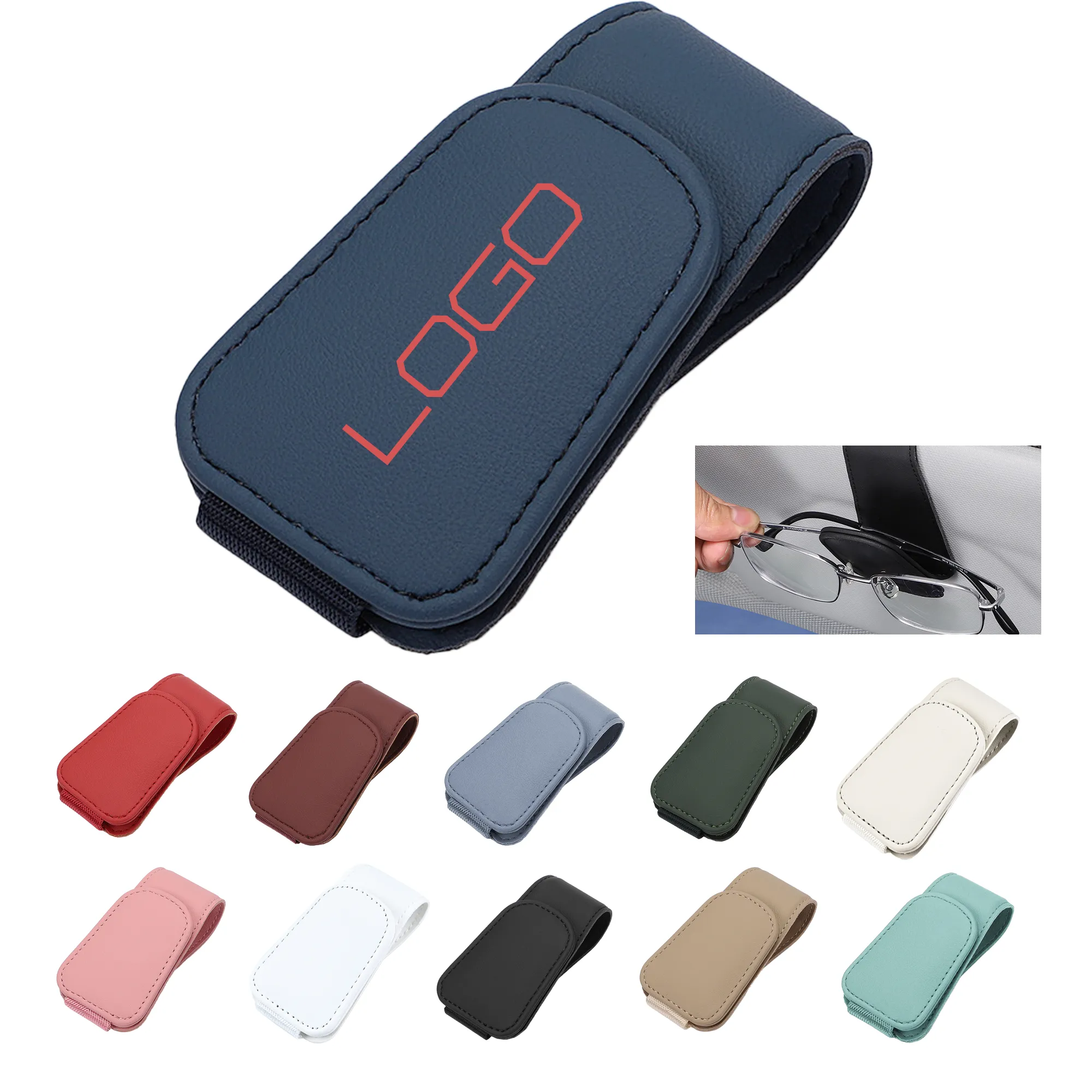 MOQ 50 Magnetic Car Sunglasses Holder Clip Leather Organizer 3