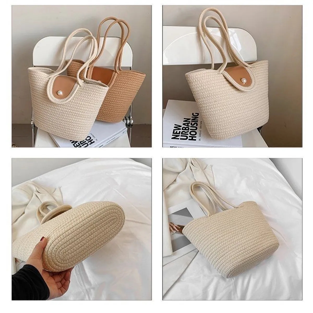 Straw Beach Tote Bags for Women, custom tote bag with logo imprint 5