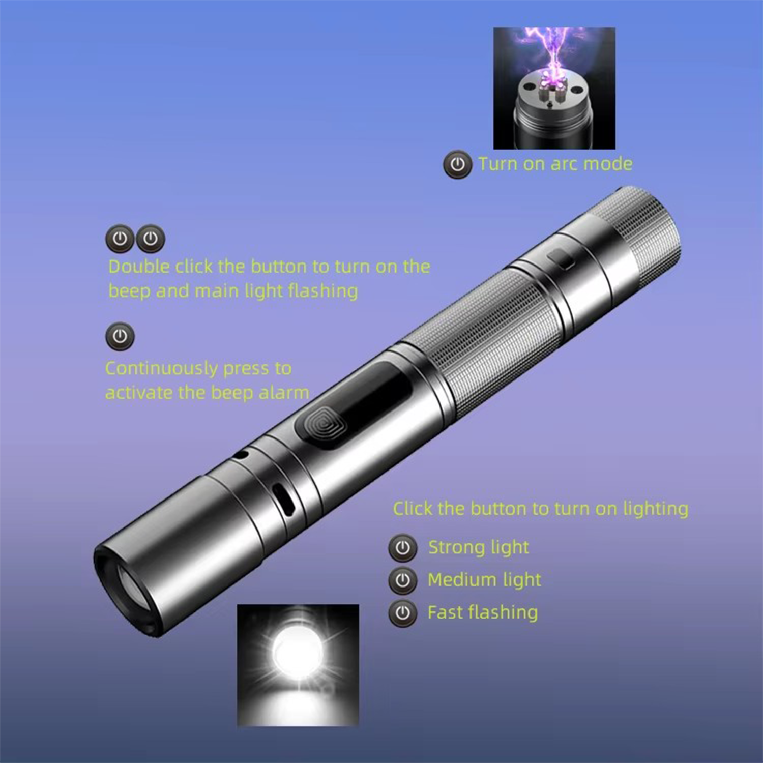 Rechargeable Tactical LED Flashlight w/ Arc Lighter & Alarm 2