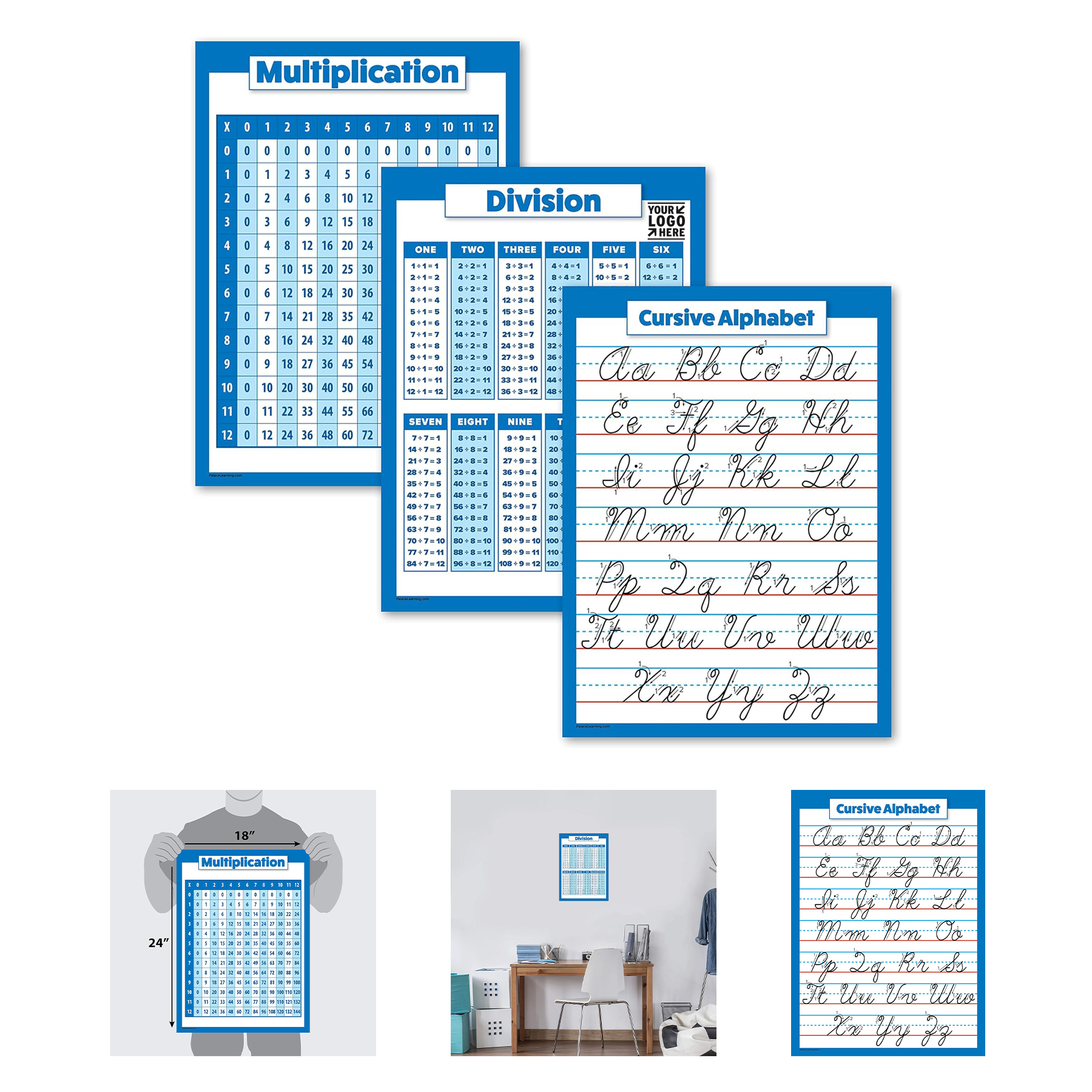 18" x 24" 3 Pack Multiplication Table Poster, Division and Cursive ABC Alphabet Chart